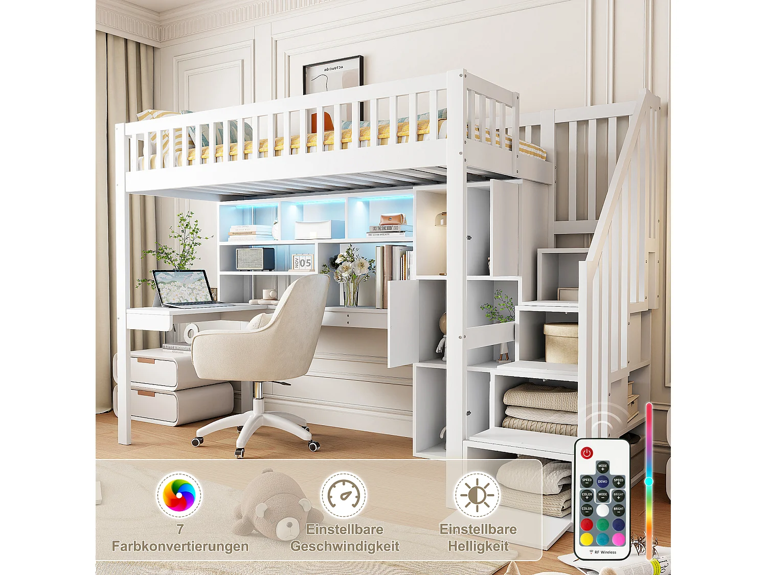 Lit mezzanine 90 x 200 cm avec bureau, compartiments de rangement et étagères - LEDs - Pin + MDF - Blanc (sans matelas)