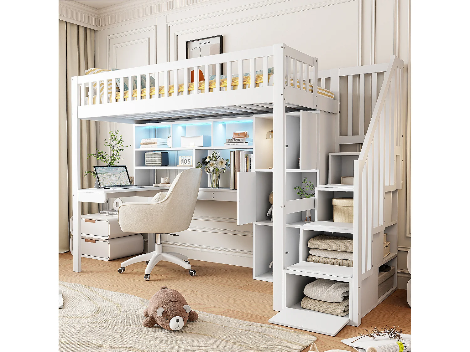 Letto a soppalco 90 x 200 cm con scrivania, vani portaoggetti e ripiani - LED - Pino + MDF - Bianco (materasso non incluso)