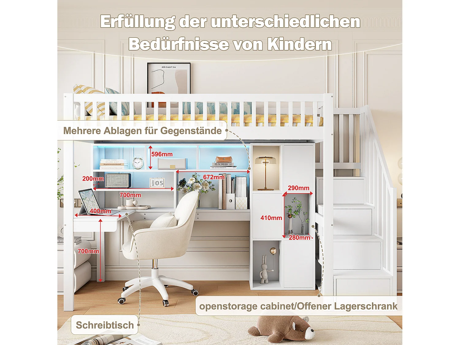 Letto a soppalco 90 x 200 cm con scrivania, vani portaoggetti e ripiani - LED - Pino + MDF - Bianco (materasso non incluso)