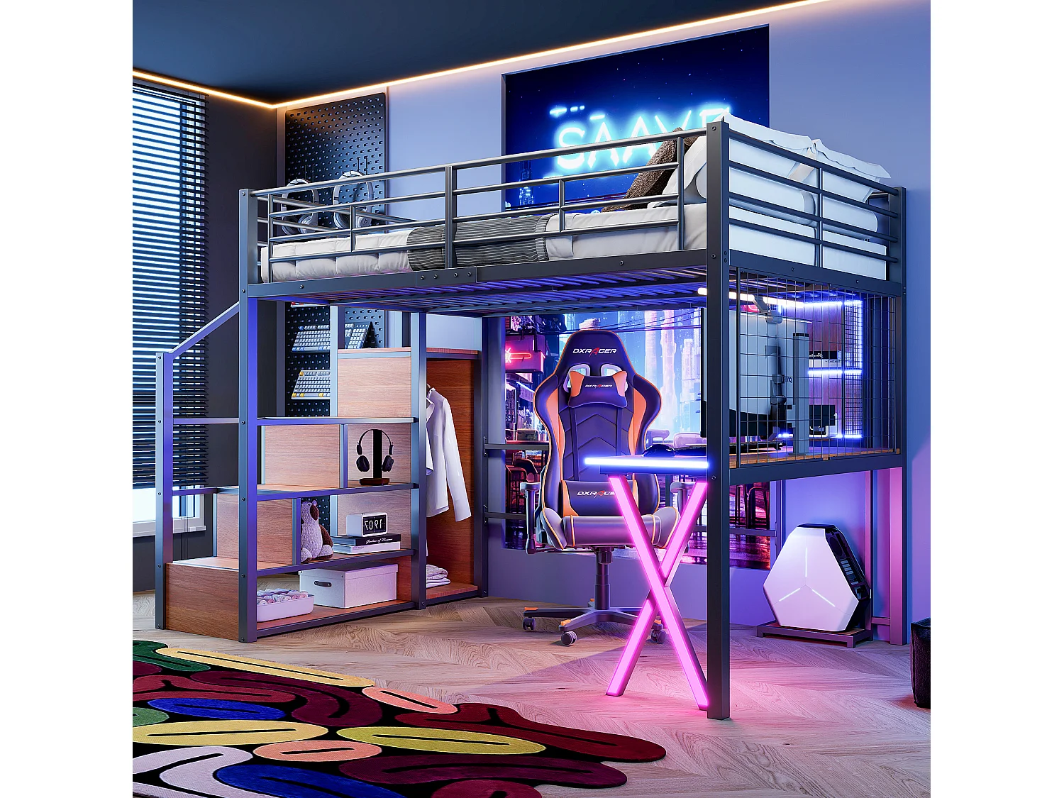 Lit mezzanine 140 x 200 cm avec bureau, penderie, étagères - Lumière d'ambiance - Métal - Noir (sans matelas)