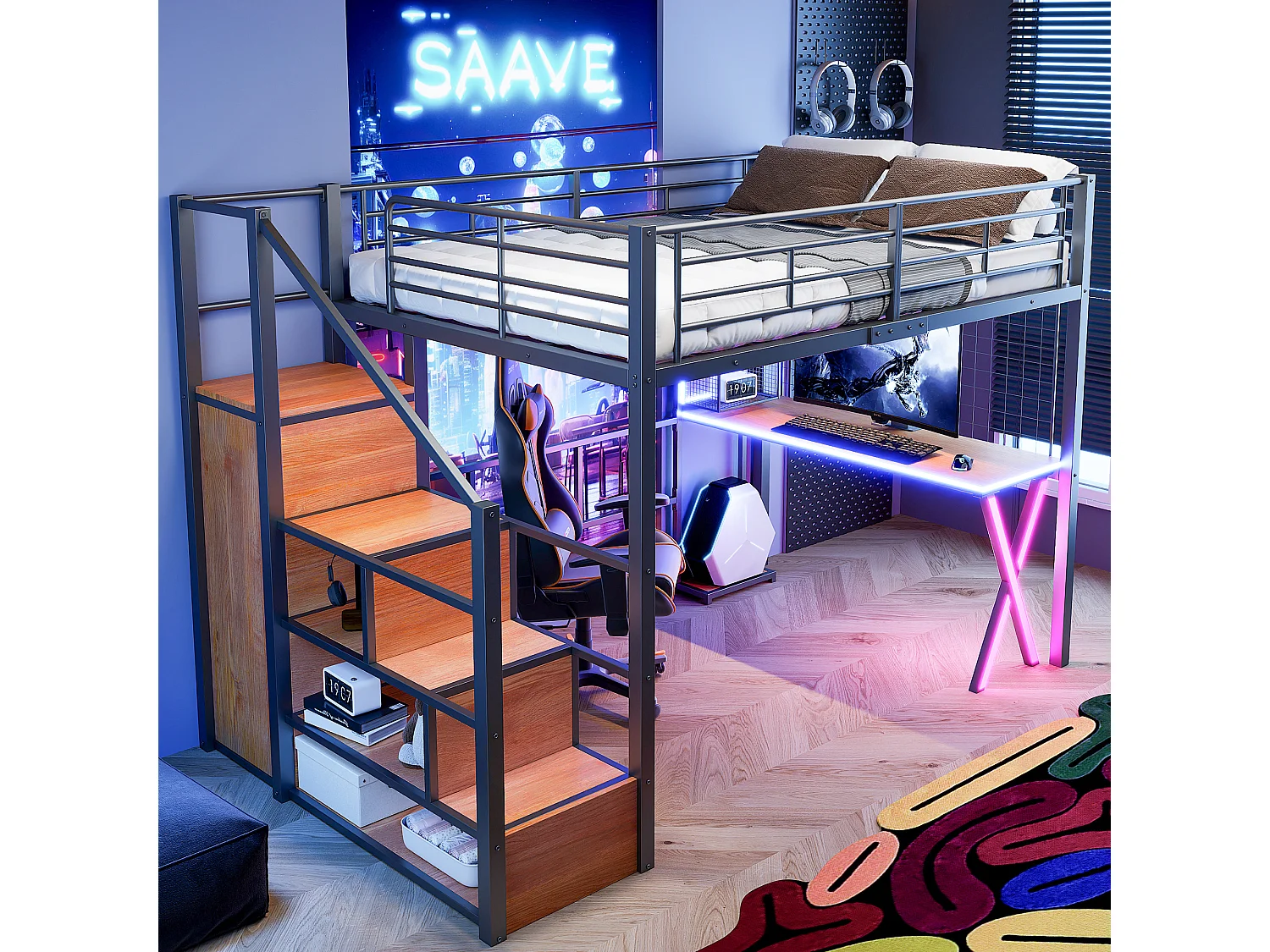 Lit mezzanine 140 x 200 cm avec bureau, penderie, étagères - Lumière d'ambiance - Métal - Noir (sans matelas)