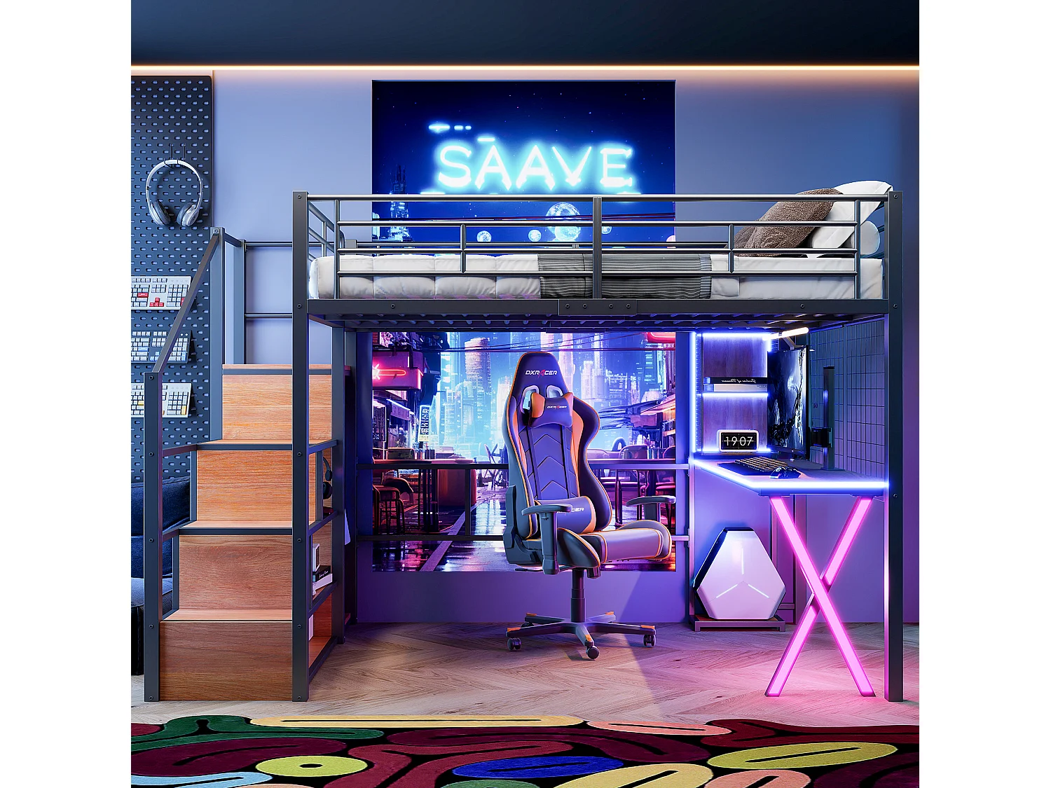 Lit mezzanine 140 x 200 cm avec bureau, penderie, étagères - Lumière d'ambiance - Métal - Noir (sans matelas)