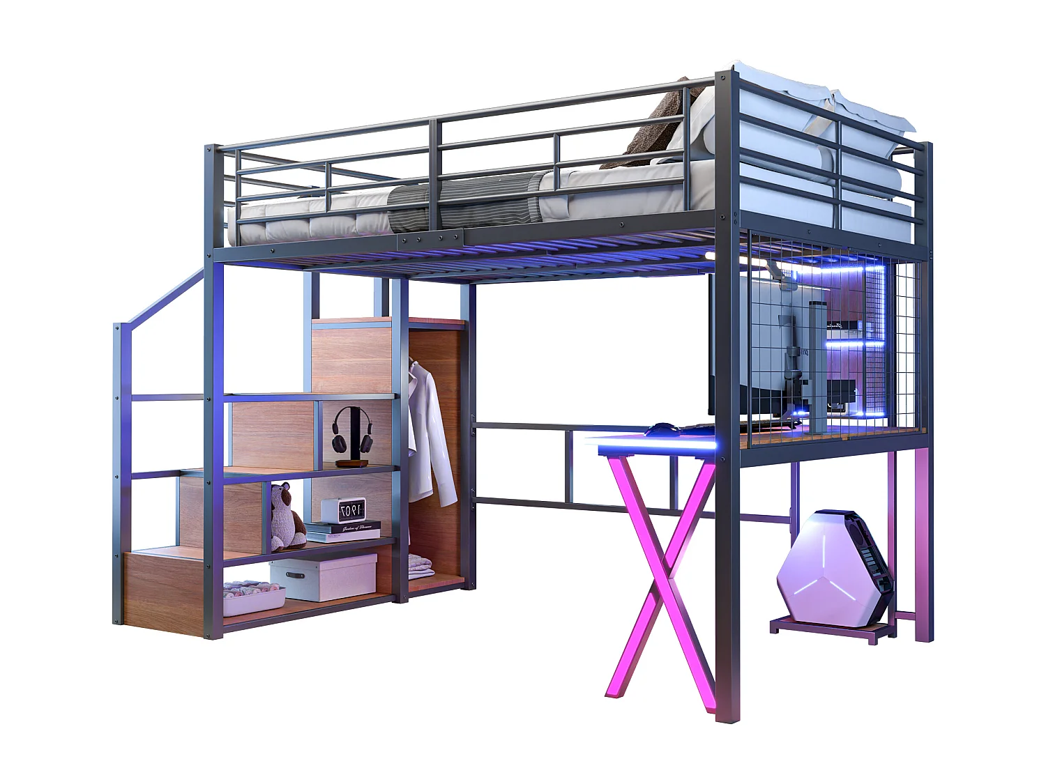 Loftseng 140 x 200 cm med skrivebord, garderobe, hylder - Ambientebelysning - Metal - Sort (madras medfølger ikke)