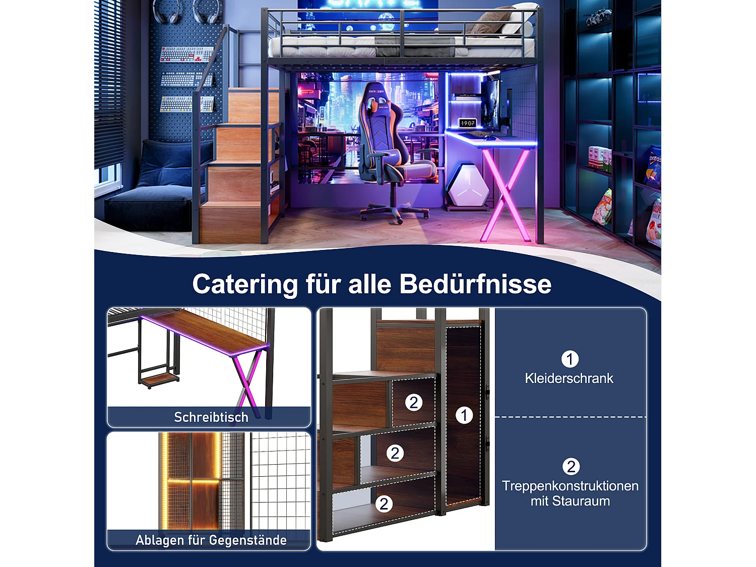 Loftseng 140 x 200 cm med skrivebord, garderobe, hylder - Ambientebelysning - Metal - Sort (madras medfølger ikke)