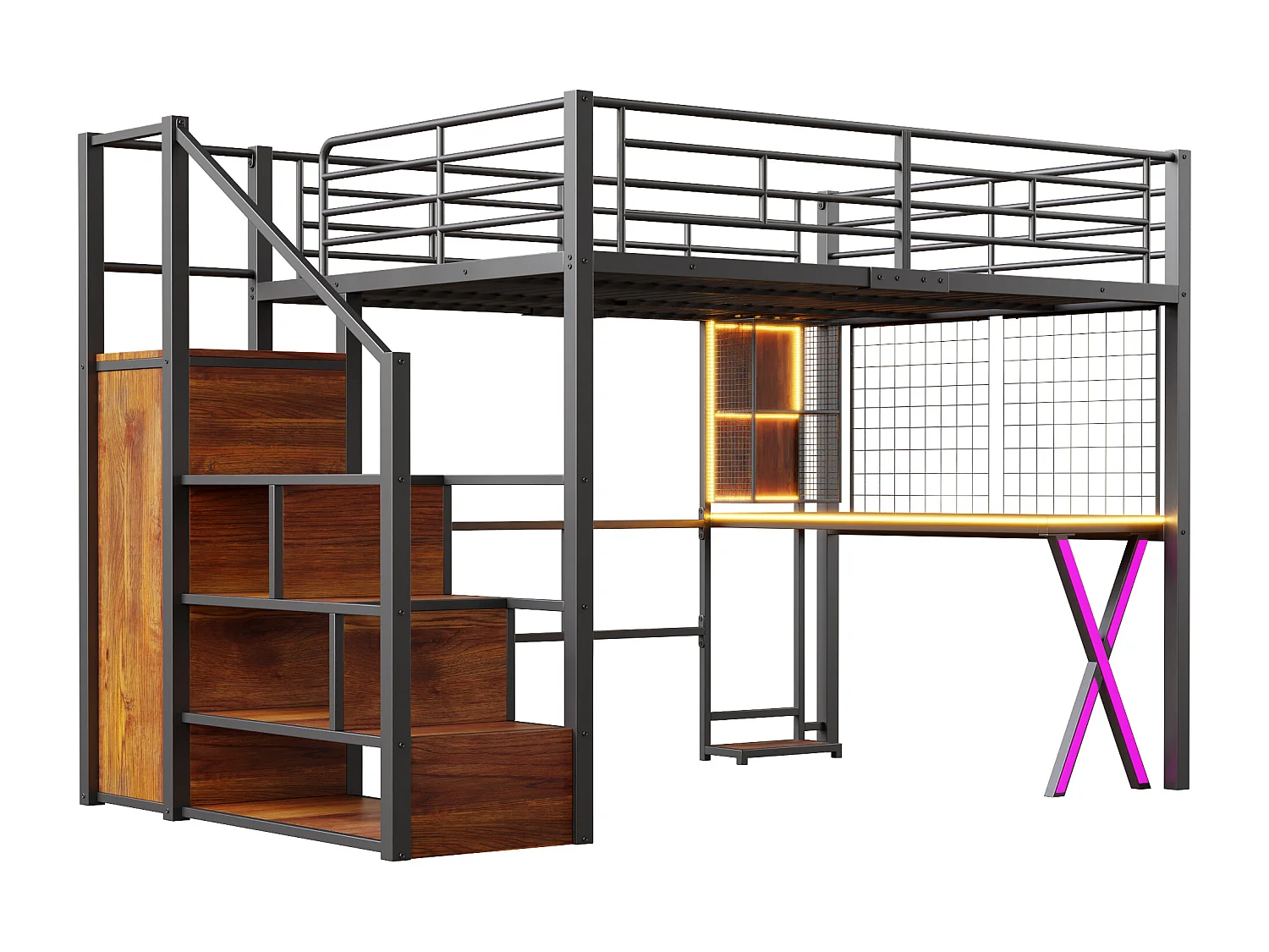 Loftseng 140 x 200 cm med skrivebord, garderobe, hylder - Ambientebelysning - Metal - Sort (madras medfølger ikke)