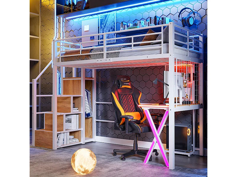 Hoogslaper 90 x 200 cm met bureau, kledingkast, planken - Sfeerverlichting - Metaal - Wit (zonder matras)