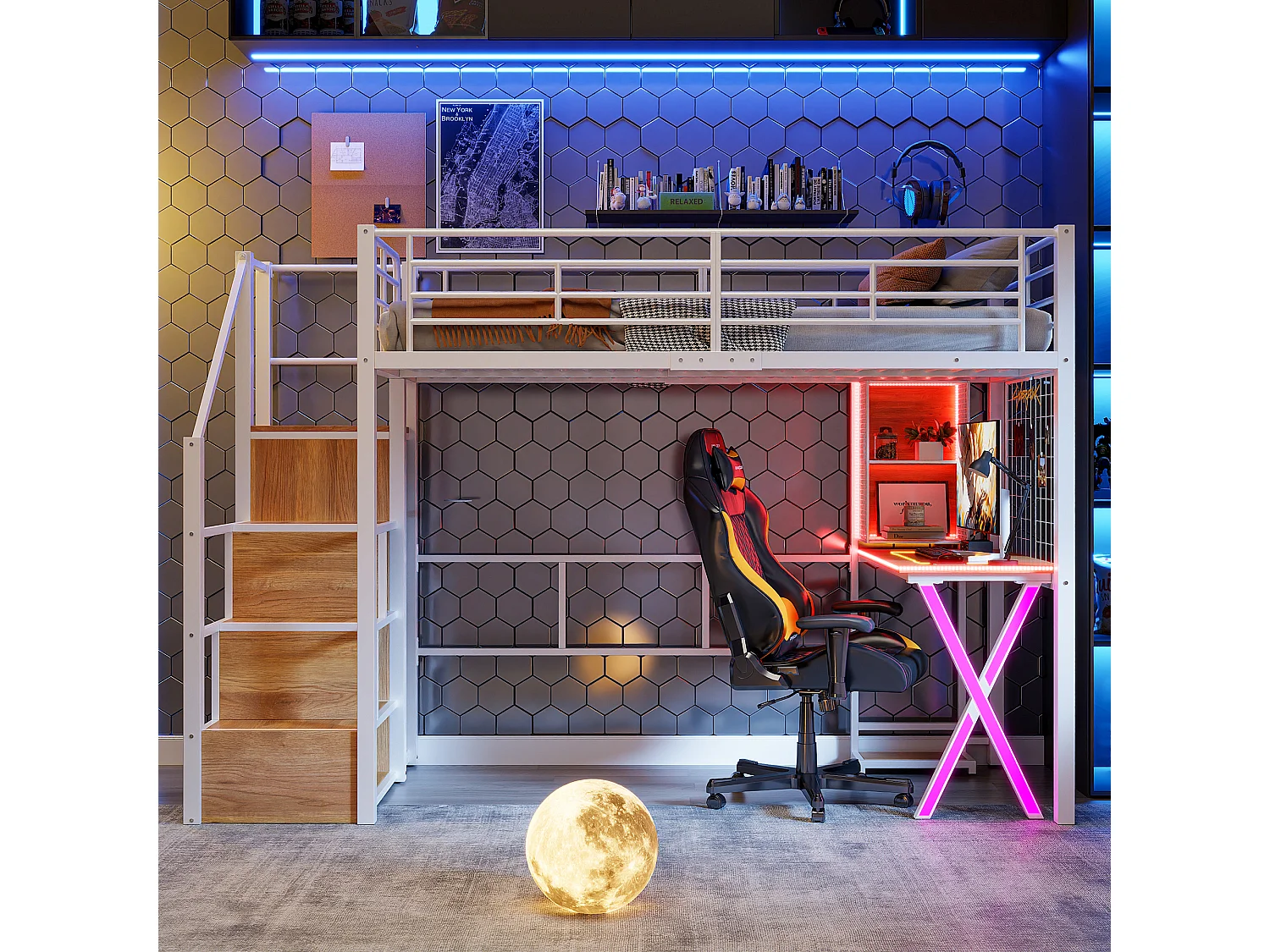 Lit mezzanine 90 x 200 cm avec bureau, penderie, étagères - Lumière d'ambiance - Métal - Blanc (sans matelas)