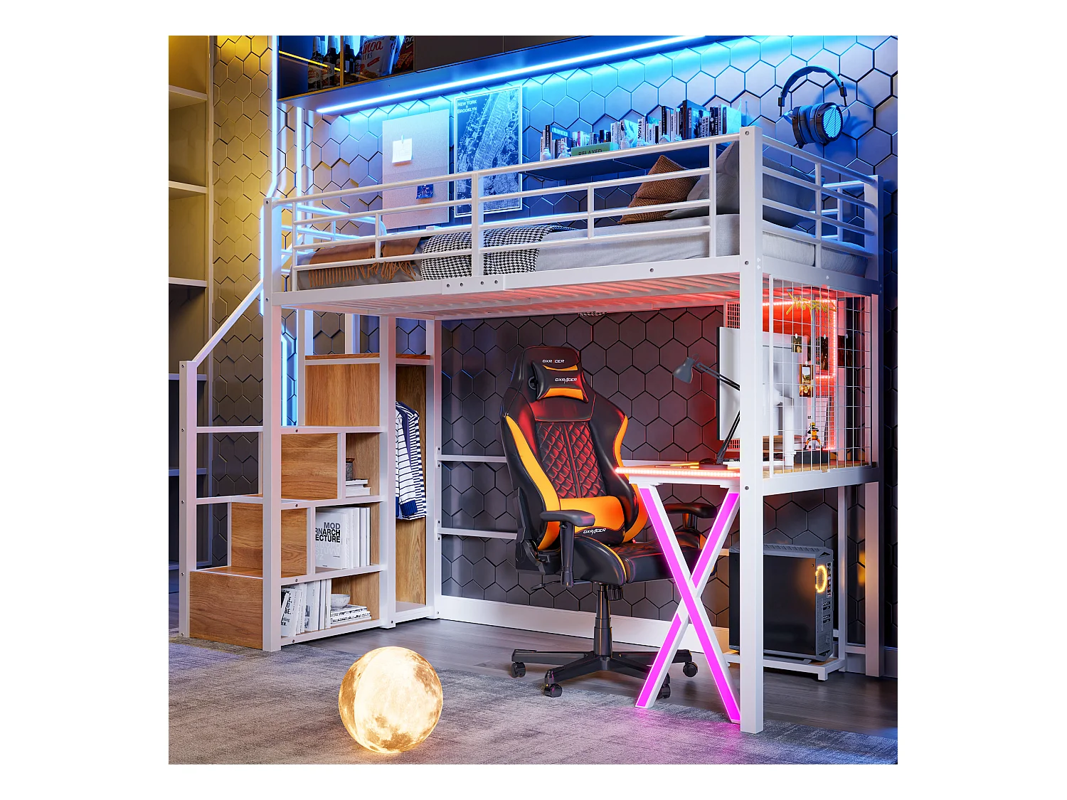 Lit mezzanine 90 x 200 cm avec bureau, penderie, étagères - Lumière d'ambiance - Métal - Blanc (sans matelas)