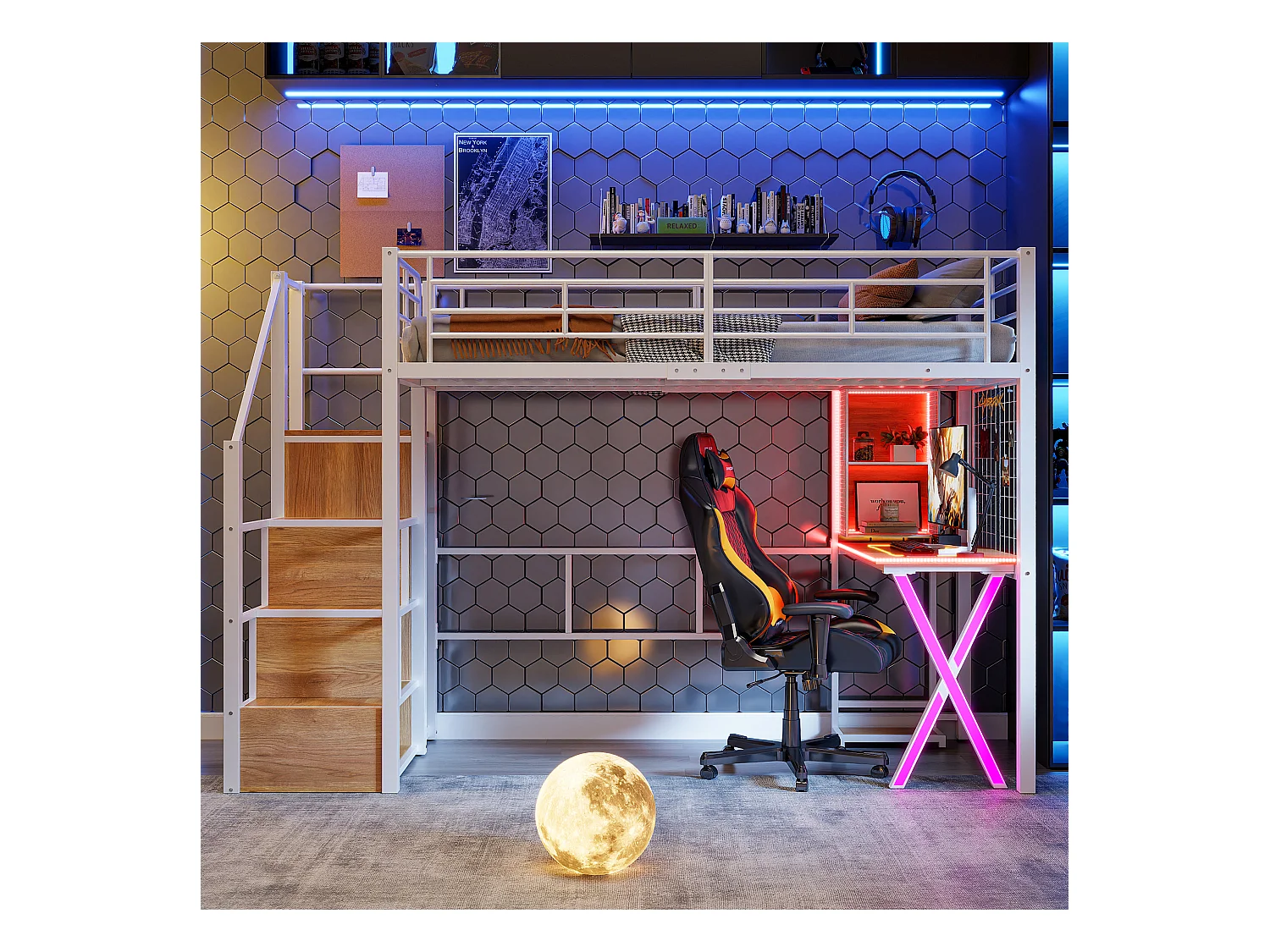 Lit mezzanine 90 x 200 cm avec bureau, penderie, étagères - Lumière d'ambiance - Métal - Blanc (sans matelas)