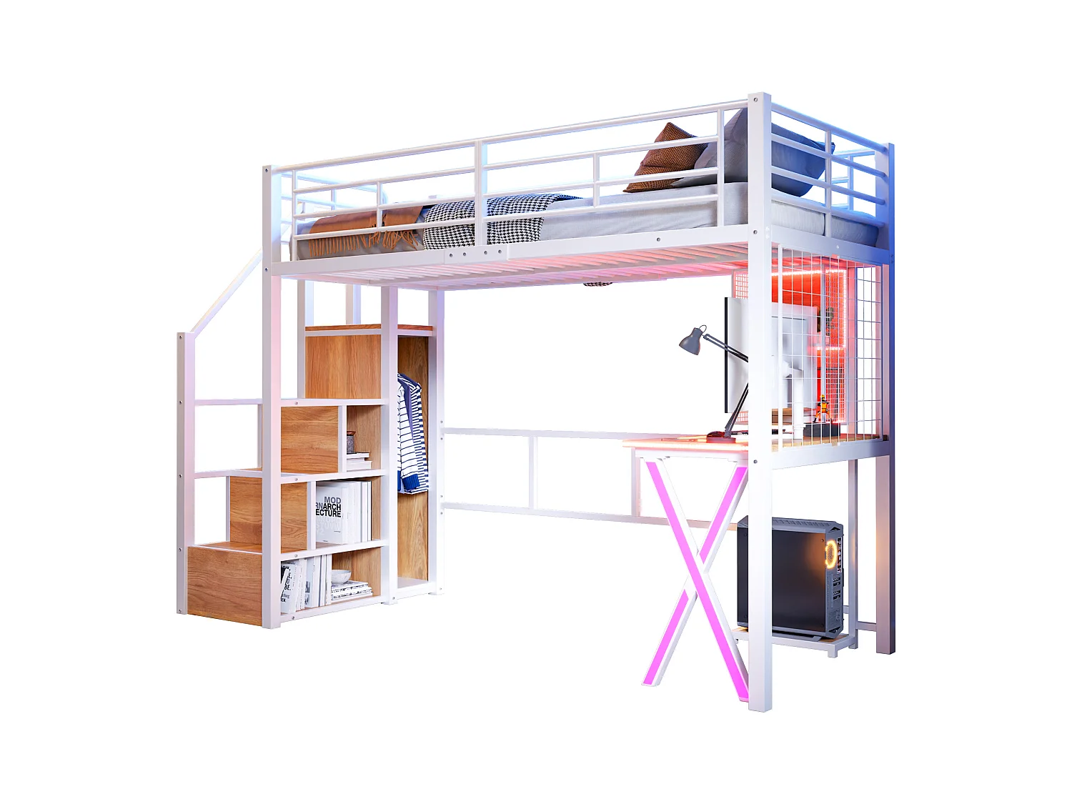 Lit mezzanine 90 x 200 cm avec bureau, penderie, étagères - Lumière d'ambiance - Métal - Blanc (sans matelas)