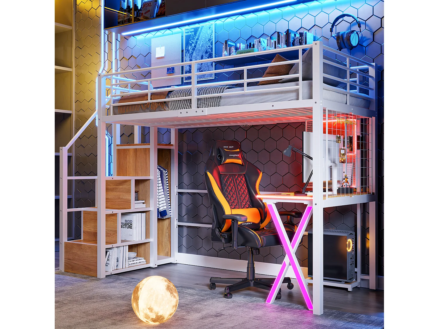 Lit mezzanine 90 x 200 cm avec bureau, penderie, étagères - Lumière d'ambiance - Métal - Blanc (sans matelas)