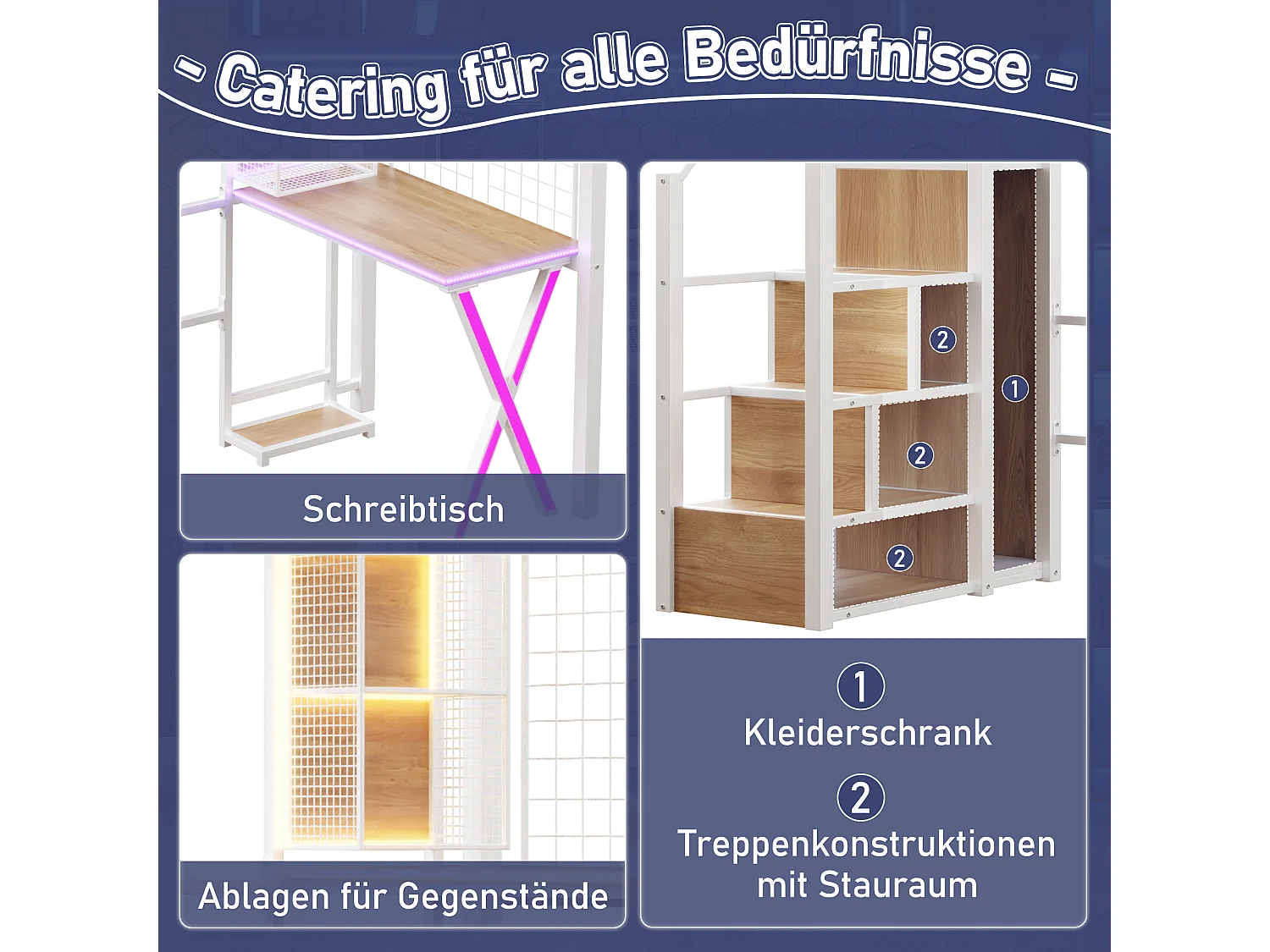 Lit mezzanine 90 x 200 cm avec bureau, penderie, étagères - Lumière d'ambiance - Métal - Blanc (sans matelas)