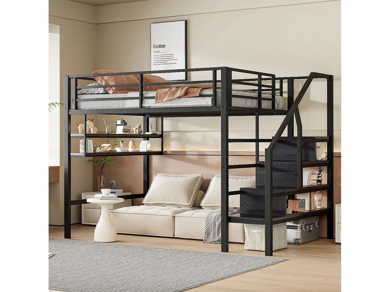 Hoogslaper 140 x 200 cm met opbergplanken en ladder - Metaal - Zwart (zonder matras)