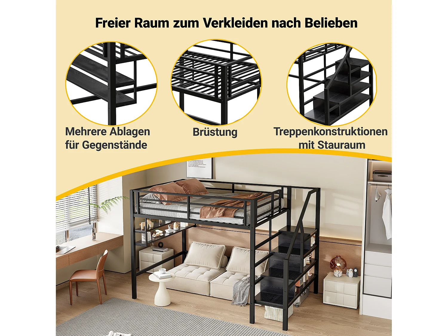 Hoogslaper 140 x 200 cm met opbergplanken en ladder - Metaal - Zwart (zonder matras)