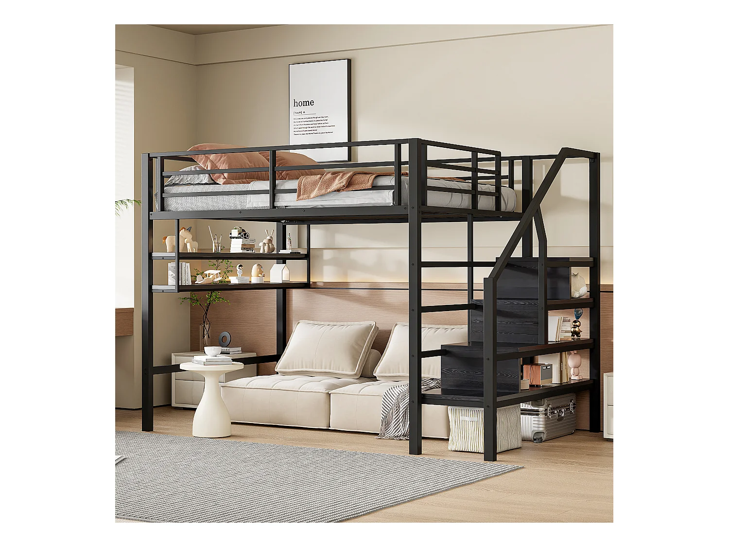 Lit mezzanine 140 x 200 cm avec étagères de rangement et échelle - Métal - Noir (sans matelas)