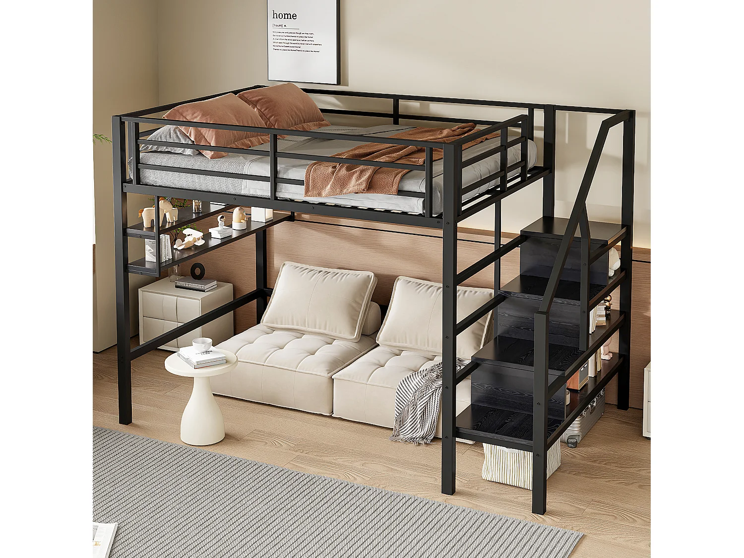 Lit mezzanine 140 x 200 cm avec étagères de rangement et échelle - Métal - Noir (sans matelas)