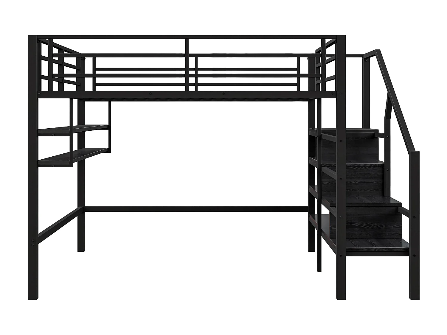 Lit mezzanine 140 x 200 cm avec étagères de rangement et échelle - Métal - Noir (sans matelas)