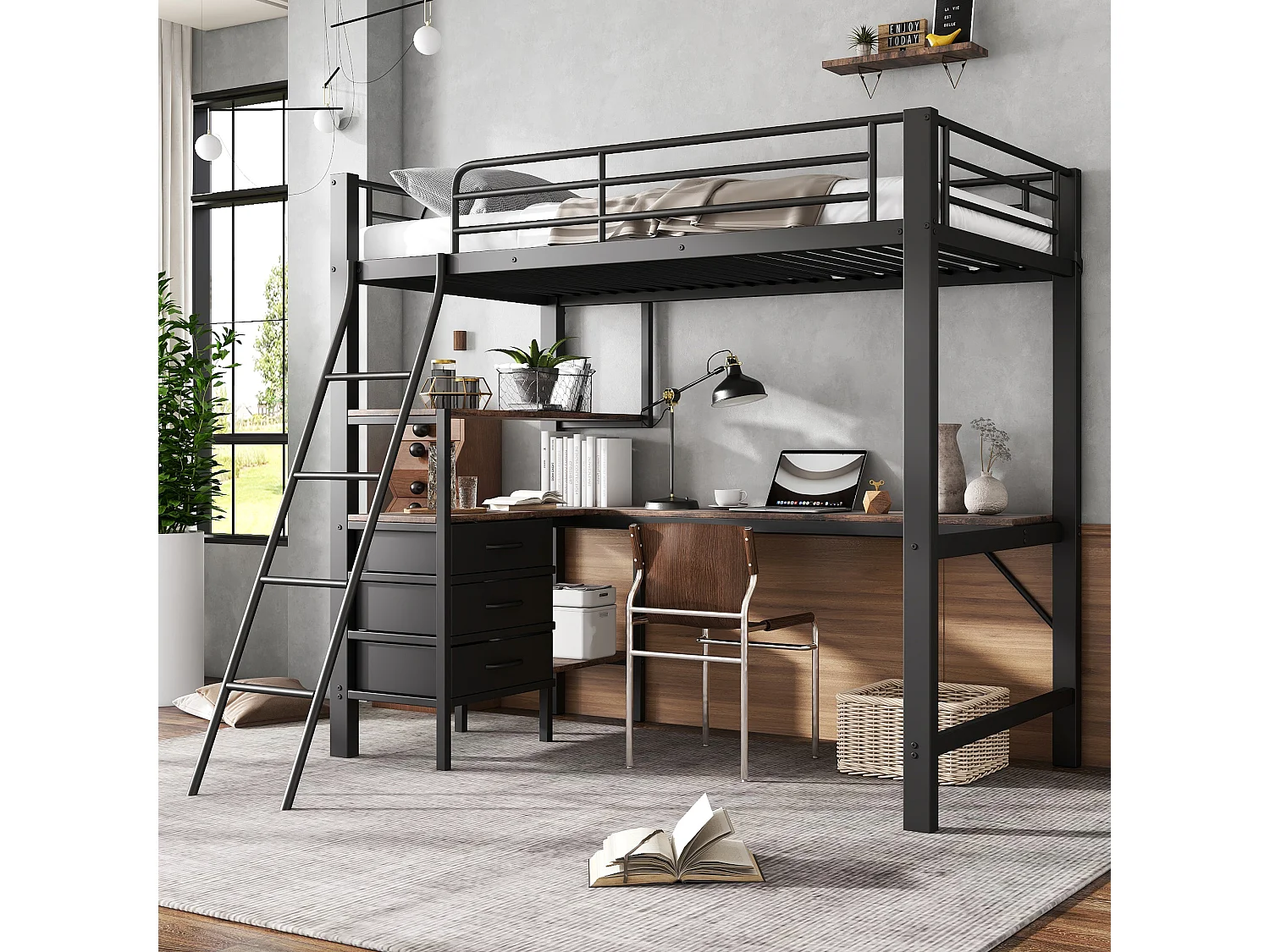 Lit mezzanine 90 x 200 cm avec bureau d'angle, 3 tiroirs et étagères - Métal + aggloméré - Noir et noyer (sans matelas)