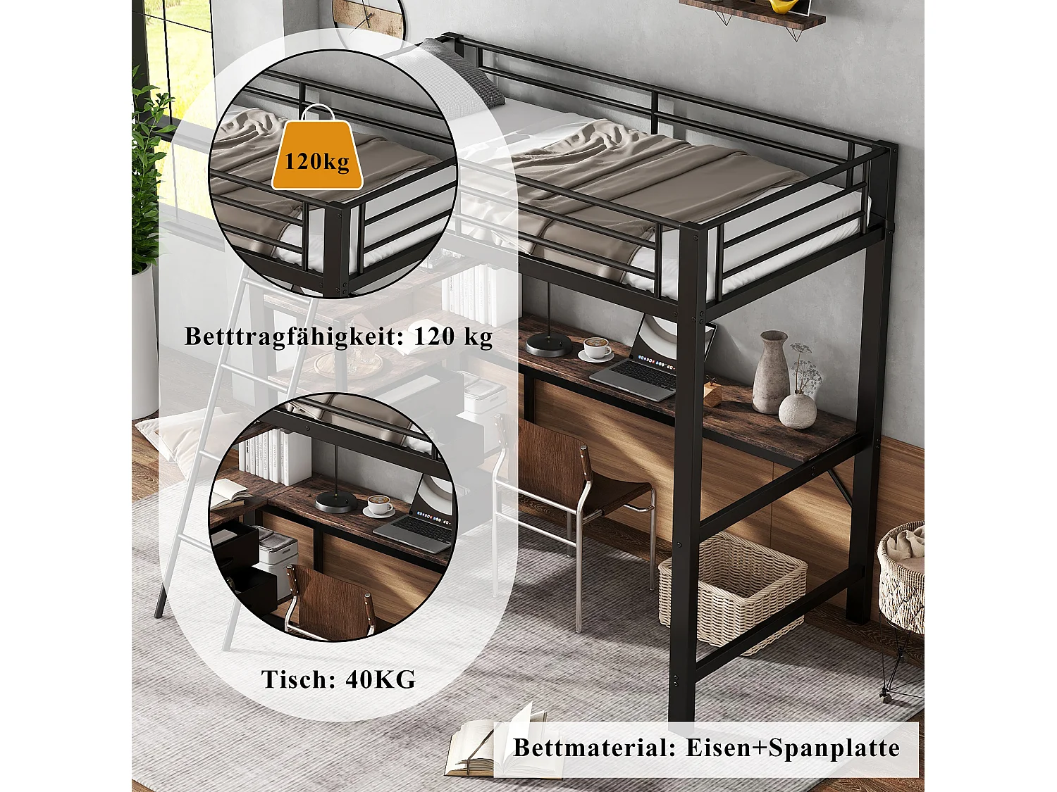 Lit mezzanine 90 x 200 cm avec bureau d'angle, 3 tiroirs et étagères - Métal + aggloméré - Noir et noyer (sans matelas)