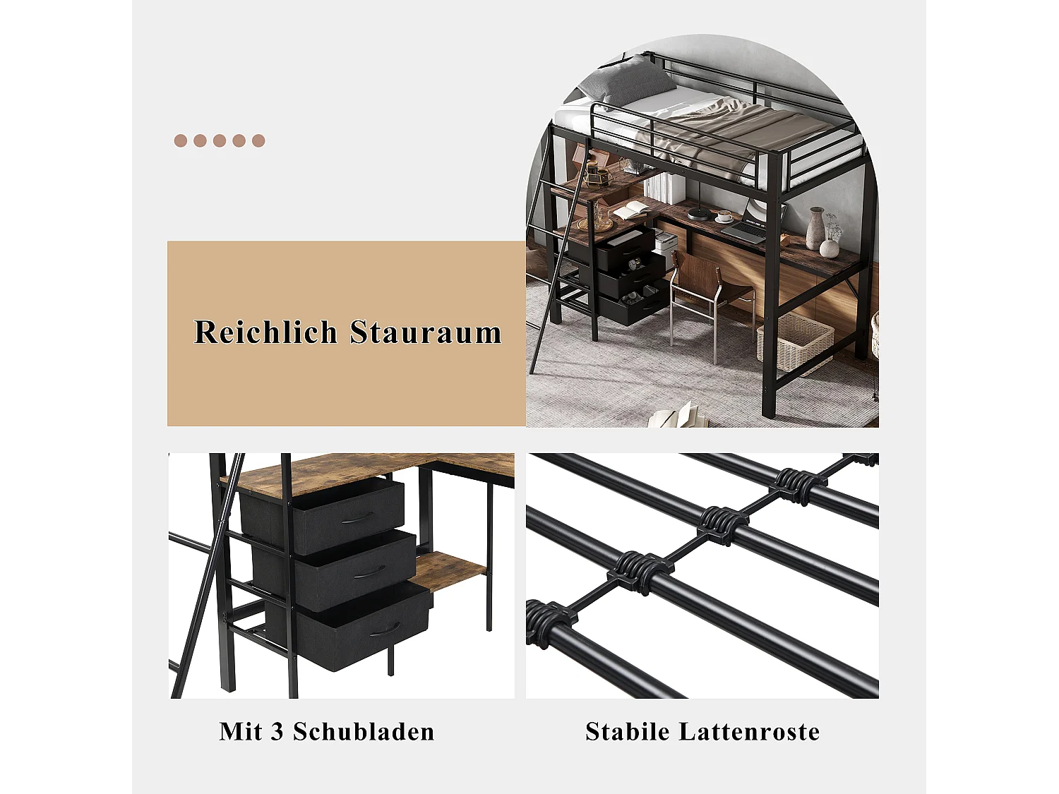 Lit mezzanine 90 x 200 cm avec bureau d'angle, 3 tiroirs et étagères - Métal + aggloméré - Noir et noyer (sans matelas)