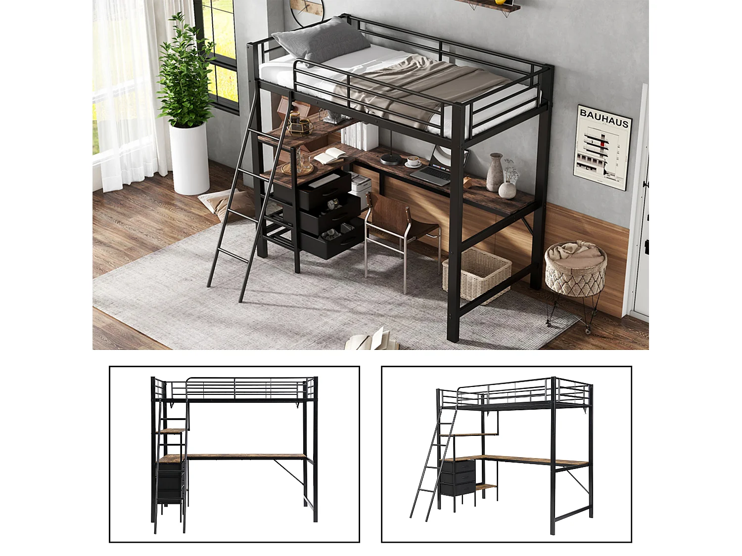 Lit mezzanine 90 x 200 cm avec bureau d'angle, 3 tiroirs et étagères - Métal + aggloméré - Noir et noyer (sans matelas)