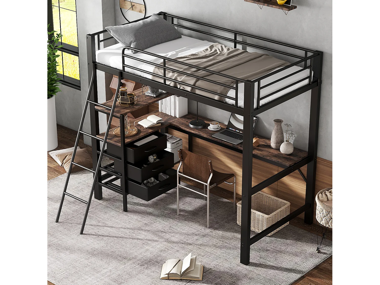 Lit mezzanine 90 x 200 cm avec bureau d'angle, 3 tiroirs et étagères - Métal + aggloméré - Noir et noyer (sans matelas)