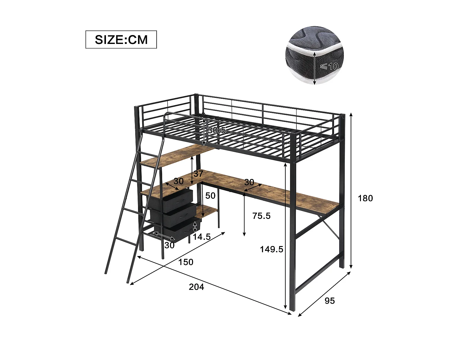 Lit mezzanine 90 x 200 cm avec bureau d'angle, 3 tiroirs et étagères - Métal + aggloméré - Noir et noyer (sans matelas)