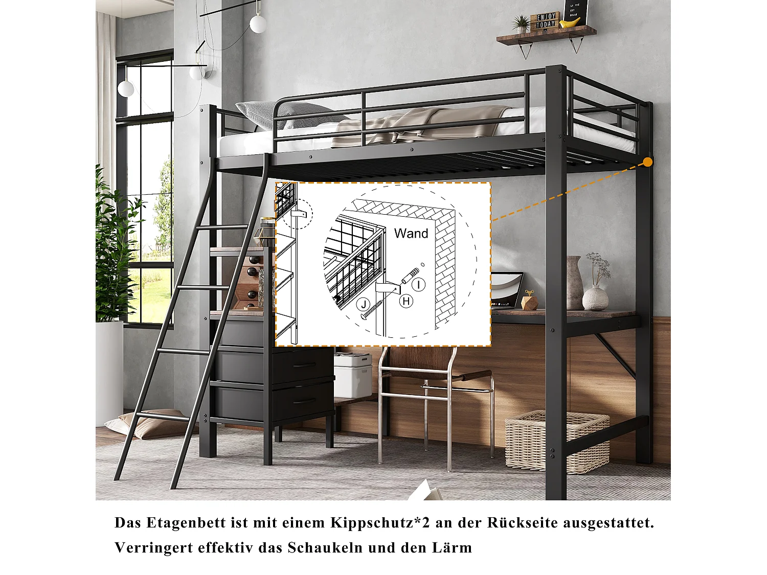 Lit mezzanine 90 x 200 cm avec bureau d'angle, 3 tiroirs et étagères - Métal + aggloméré - Noir et noyer (sans matelas)