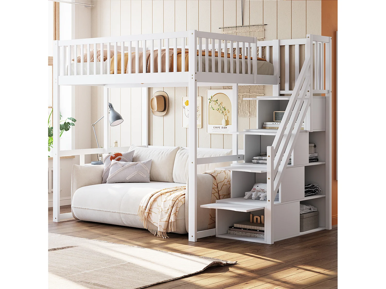 Cama alta 140 x 200 cm con 4 cajones y estantes de almacenaje - Pino + contrachapado + MDF - para niños - Blanco
