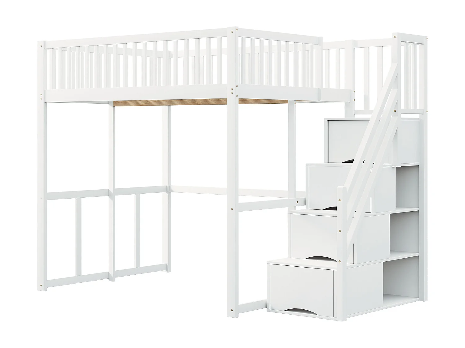 Cama alta 140 x 200 cm con 4 cajones y estantes de almacenaje - Pino + contrachapado + MDF - para niños - Blanco