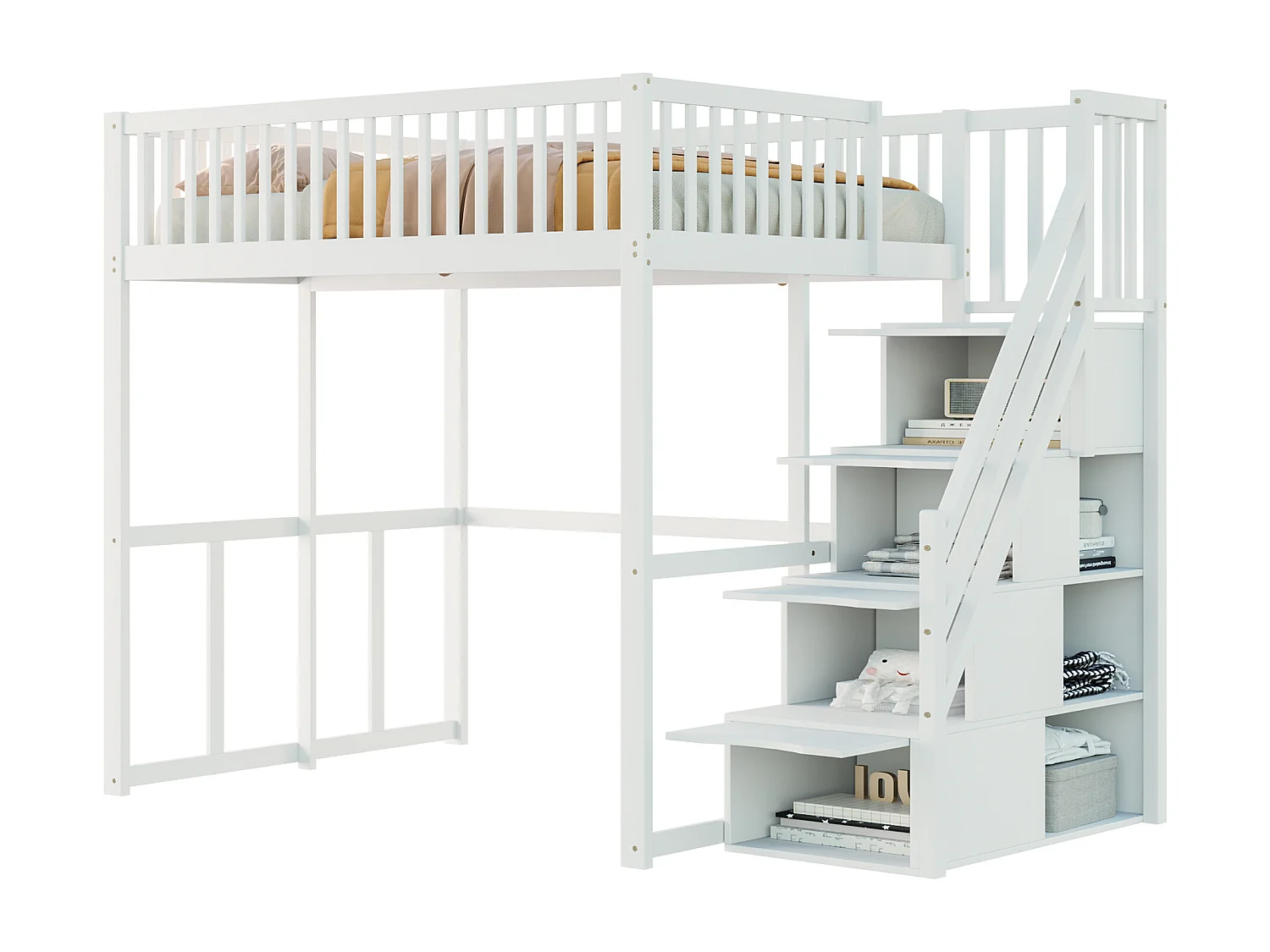 Cama alta 140 x 200 cm con 4 cajones y estantes de almacenaje - Pino + contrachapado + MDF - para niños - Blanco