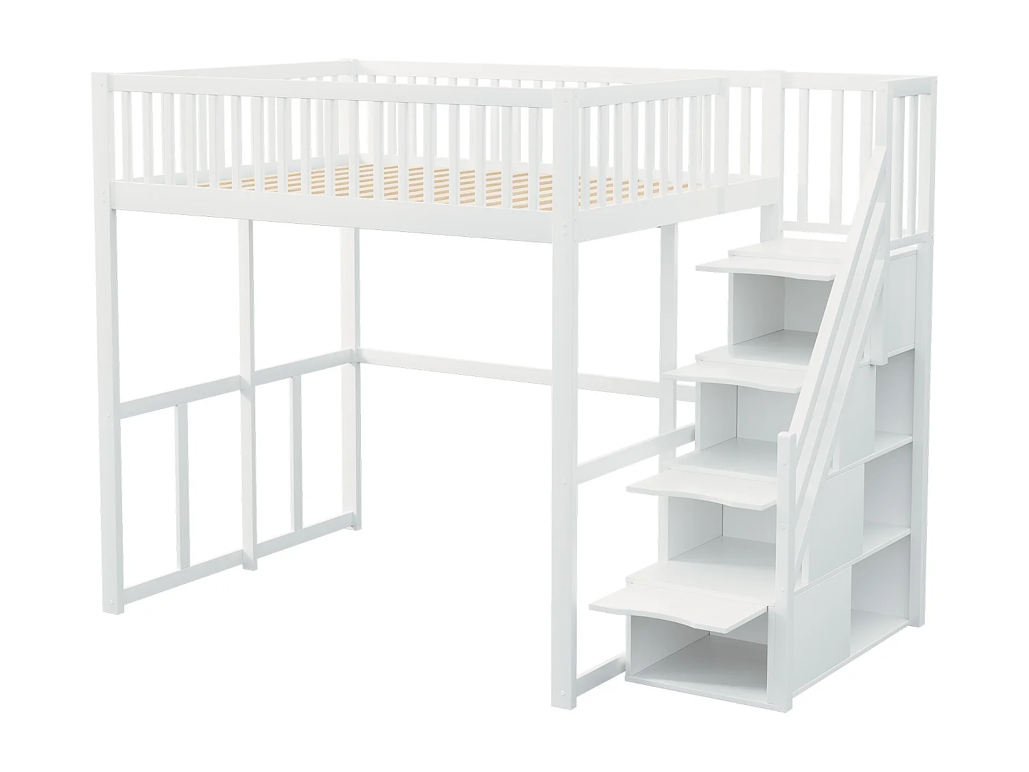 Cama alta 140 x 200 cm con 4 cajones y estantes de almacenaje - Pino + contrachapado + MDF - para niños - Blanco