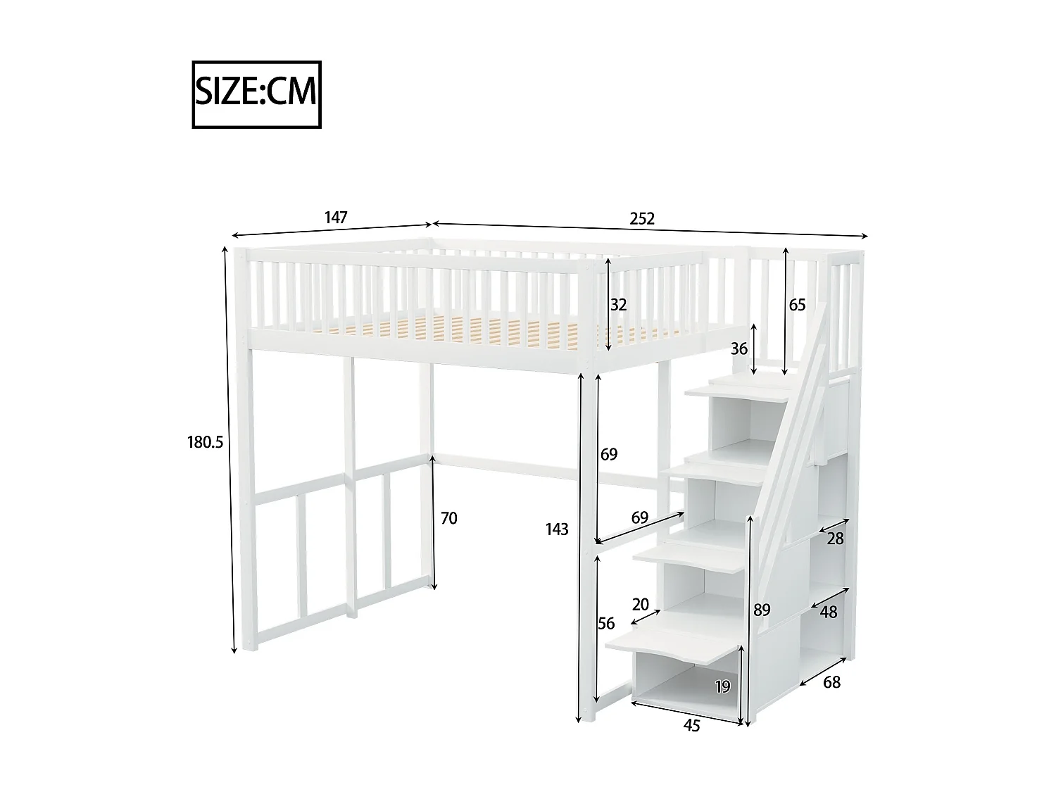 Cama alta 140 x 200 cm con 4 cajones y estantes de almacenaje - Pino + contrachapado + MDF - para niños - Blanco