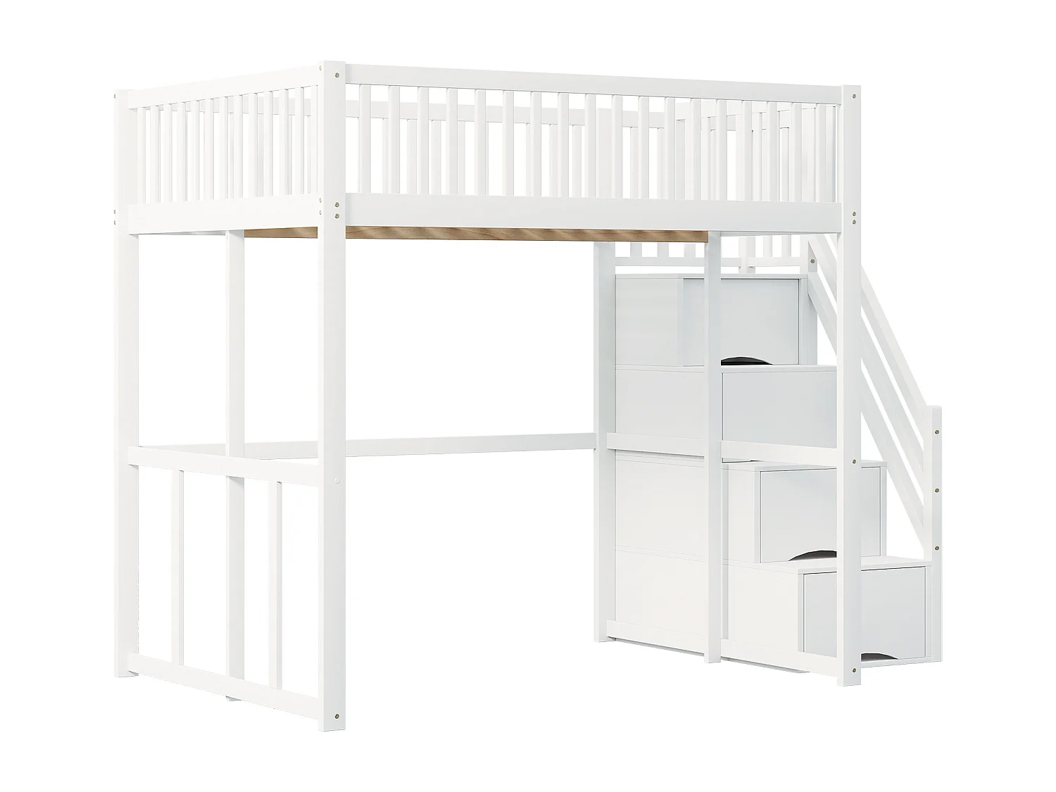 Cama alta 140 x 200 cm con 4 cajones y estantes de almacenaje - Pino + contrachapado + MDF - para niños - Blanco