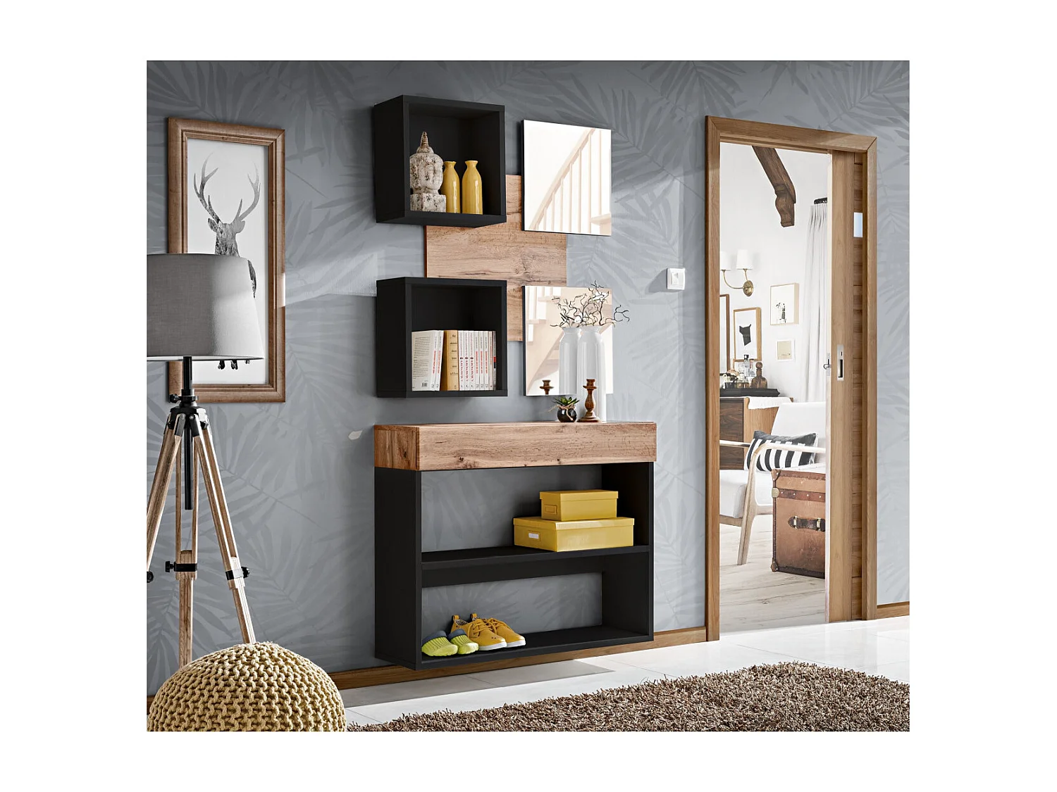 Szafka na buty wisząca EASY 2 czarna/dąb wotan