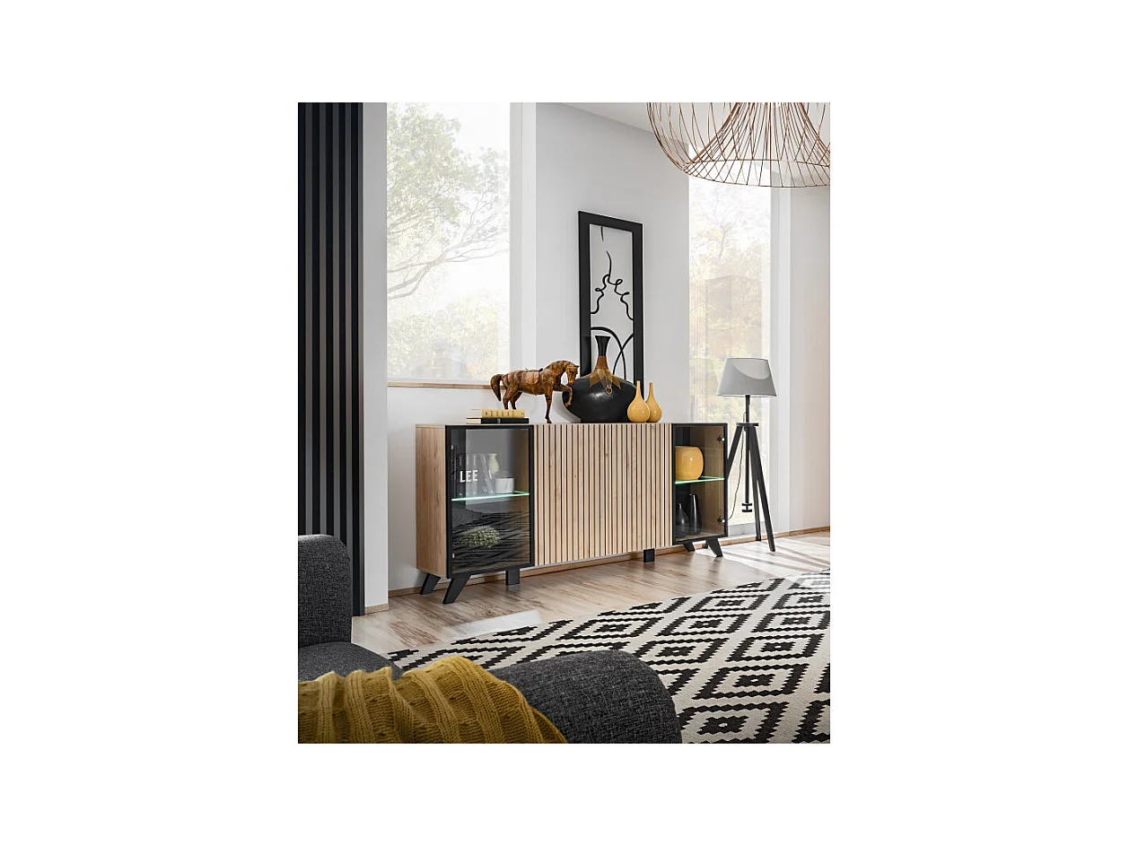 Buffet 4 Portes Design "Liam" 160cm Naturel & Noir