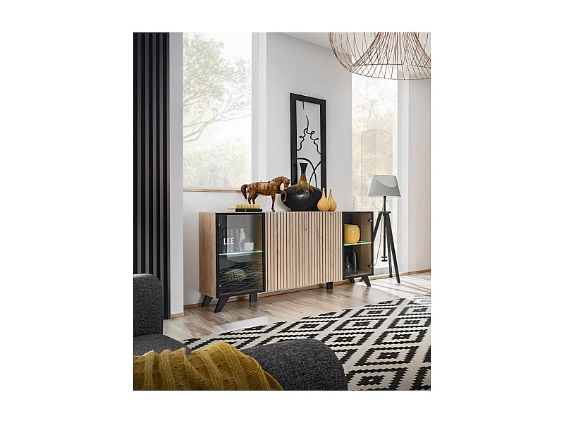 Buffet 4 Portes Design "Liam" 160cm Naturel & Noir