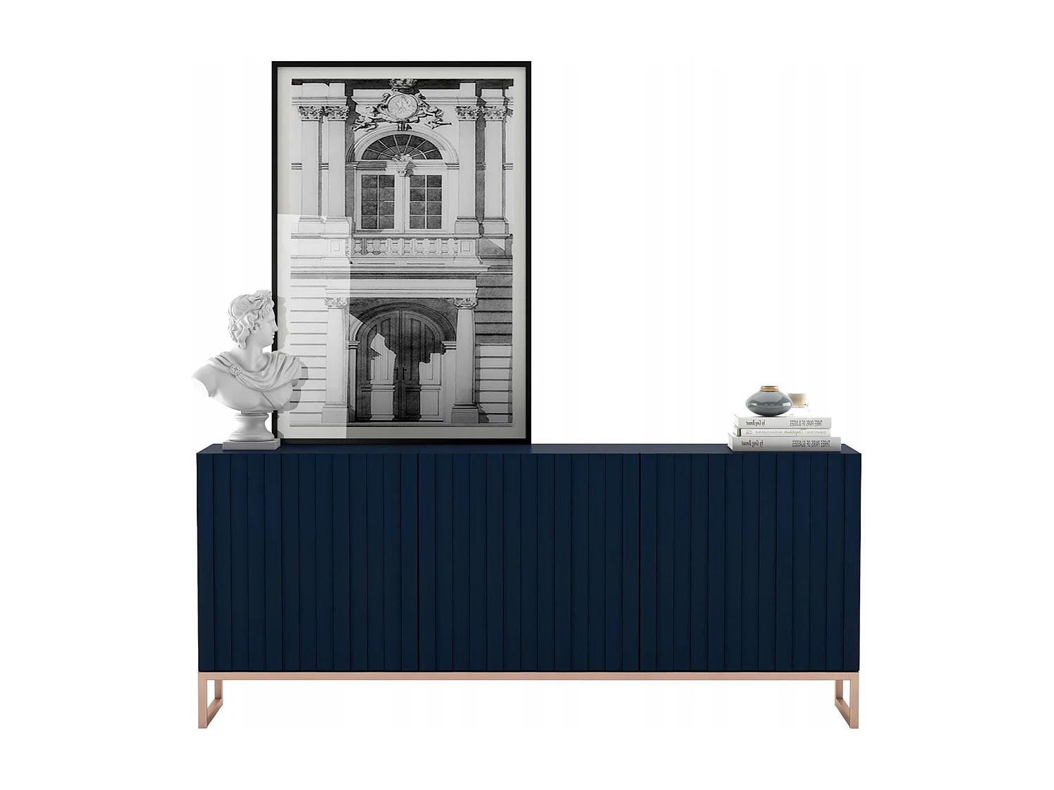 Commode avec 3 portes - Corps Bleu marine mat, façades rainurées Bleu marine mat - 168 cm, cadre en métal