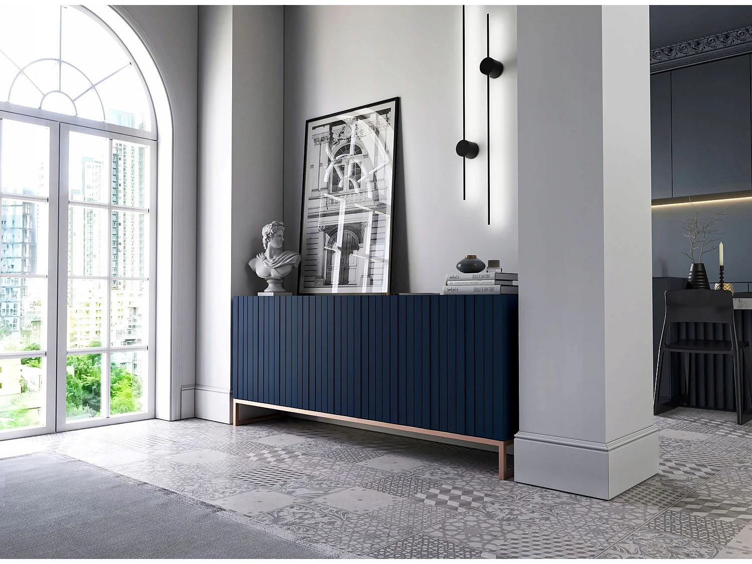Commode avec 3 portes - Corps Bleu marine mat, façades rainurées Bleu marine mat - 168 cm, cadre en métal