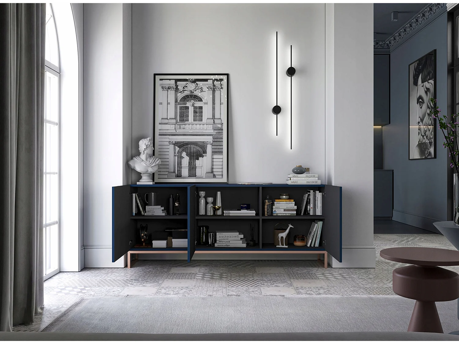 Commode avec 3 portes - Corps Bleu marine mat, façades rainurées Bleu marine mat - 168 cm, cadre en métal