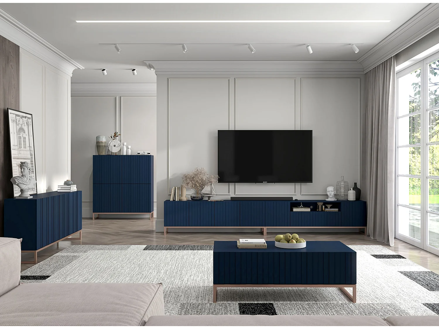 Commode avec 3 portes - Corps Bleu marine mat, façades rainurées Bleu marine mat - 168 cm, cadre en métal