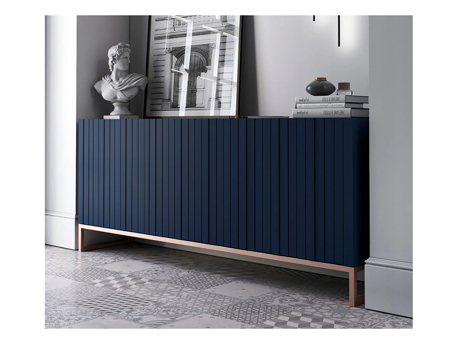 Commode avec 3 portes - Corps Bleu marine mat, façades rainurées Bleu marine mat - 168 cm, cadre en métal