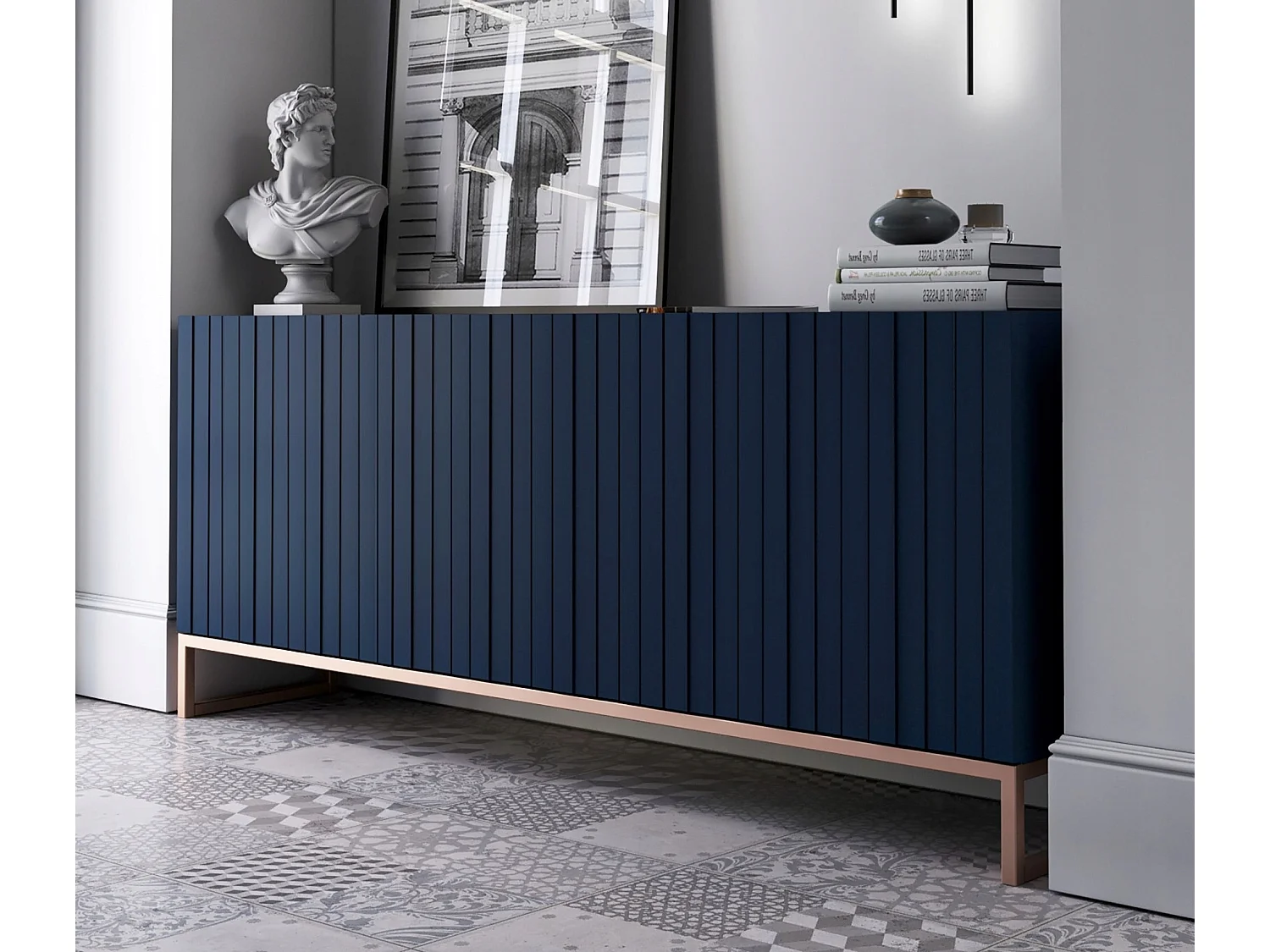 Commode avec 3 portes - Corps Bleu marine mat, façades rainurées Bleu marine mat - 168 cm, cadre en métal