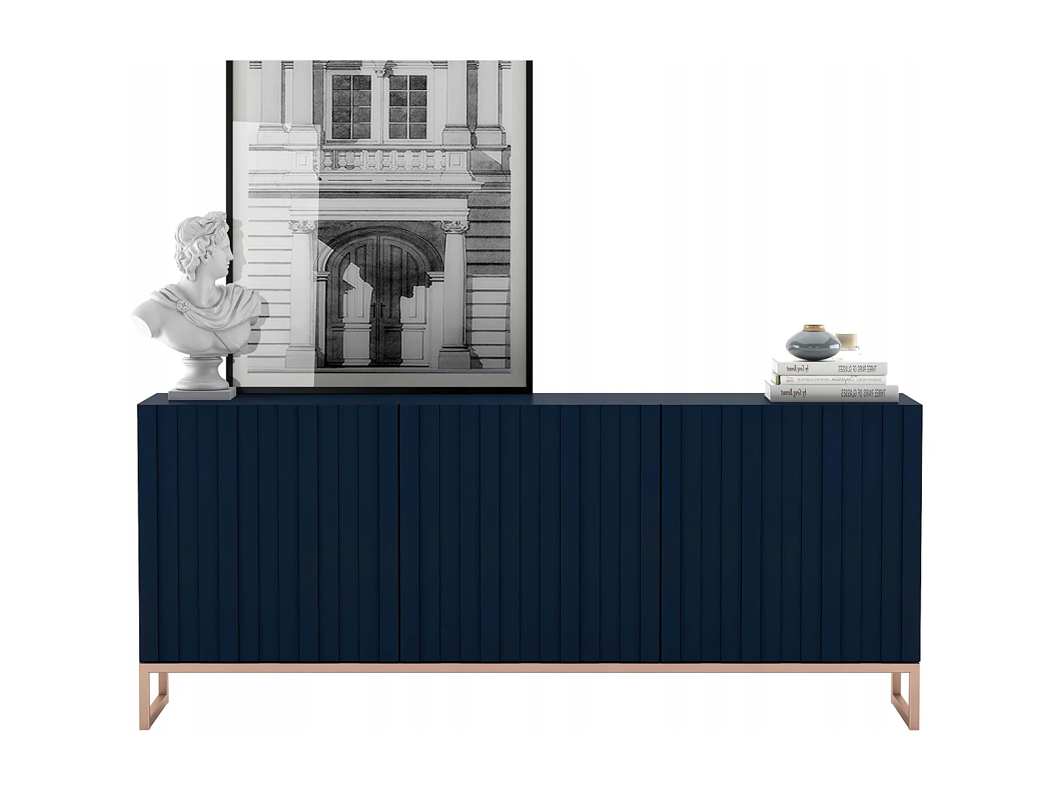 Commode avec 3 portes - Corps Bleu marine mat, façades rainurées Bleu marine mat - 168 cm, cadre en métal