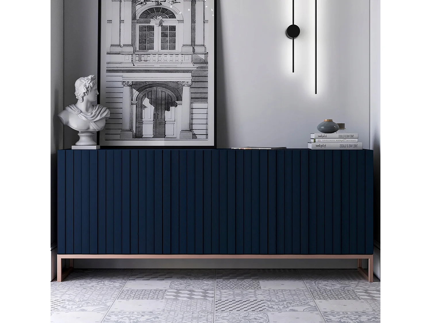Commode avec 3 portes - Corps Bleu marine mat, façades rainurées Bleu marine mat - 168 cm, cadre en métal