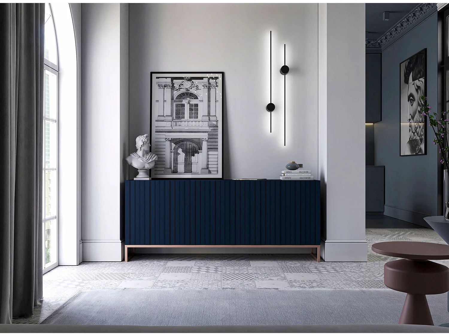 Commode avec 3 portes - Corps Bleu marine mat, façades rainurées Bleu marine mat - 168 cm, cadre en métal