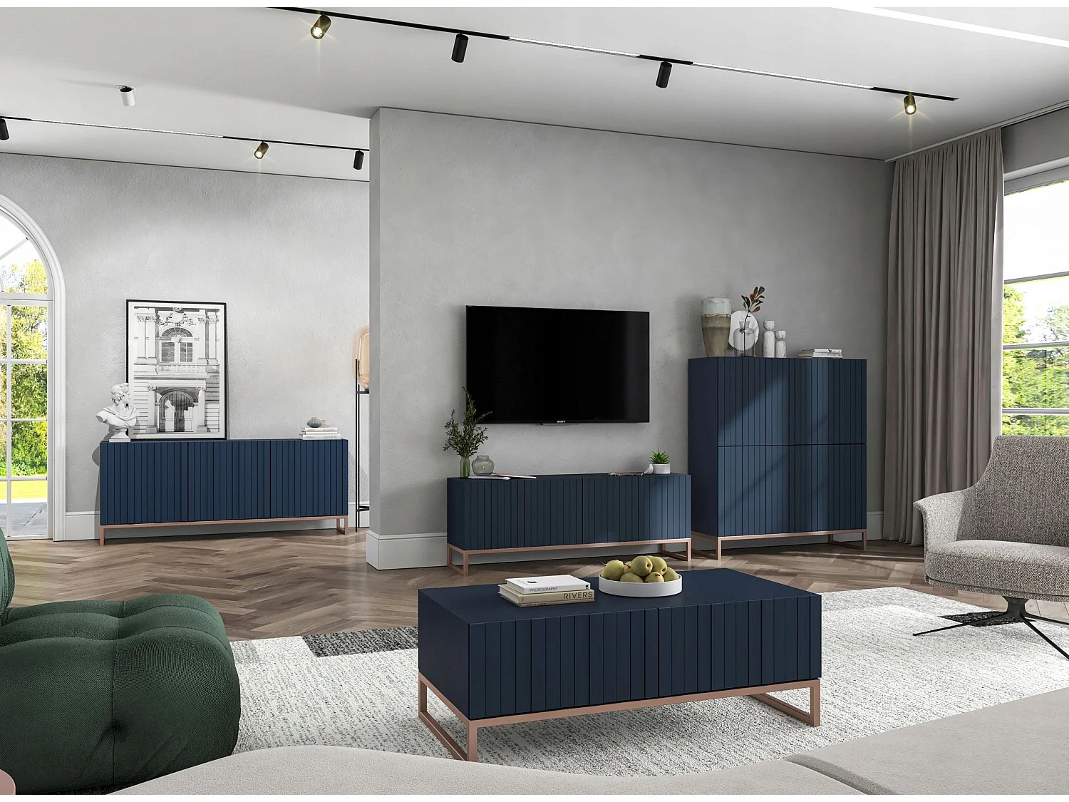 Commode avec 3 portes - Corps Bleu marine mat, façades rainurées Bleu marine mat - 168 cm, cadre en métal