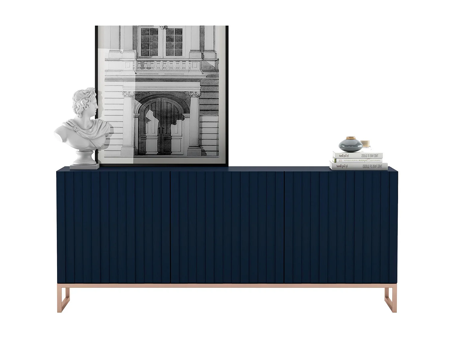 Commode avec 3 portes - Corps Bleu marine mat, façades rainurées Bleu marine mat - 168 cm, cadre en métal