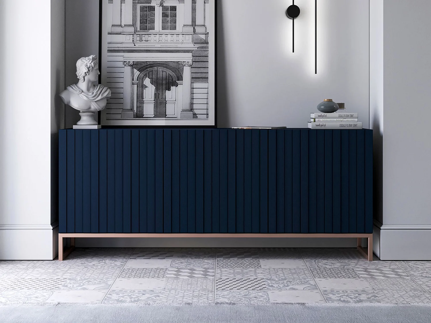 Commode avec 3 portes - Corps Bleu marine mat, façades rainurées Bleu marine mat - 168 cm, cadre en métal