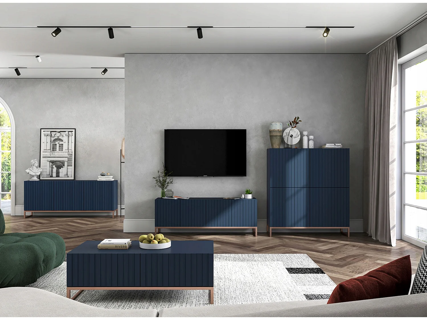 Commode avec 3 portes - Corps Bleu marine mat, façades rainurées Bleu marine mat - 168 cm, cadre en métal